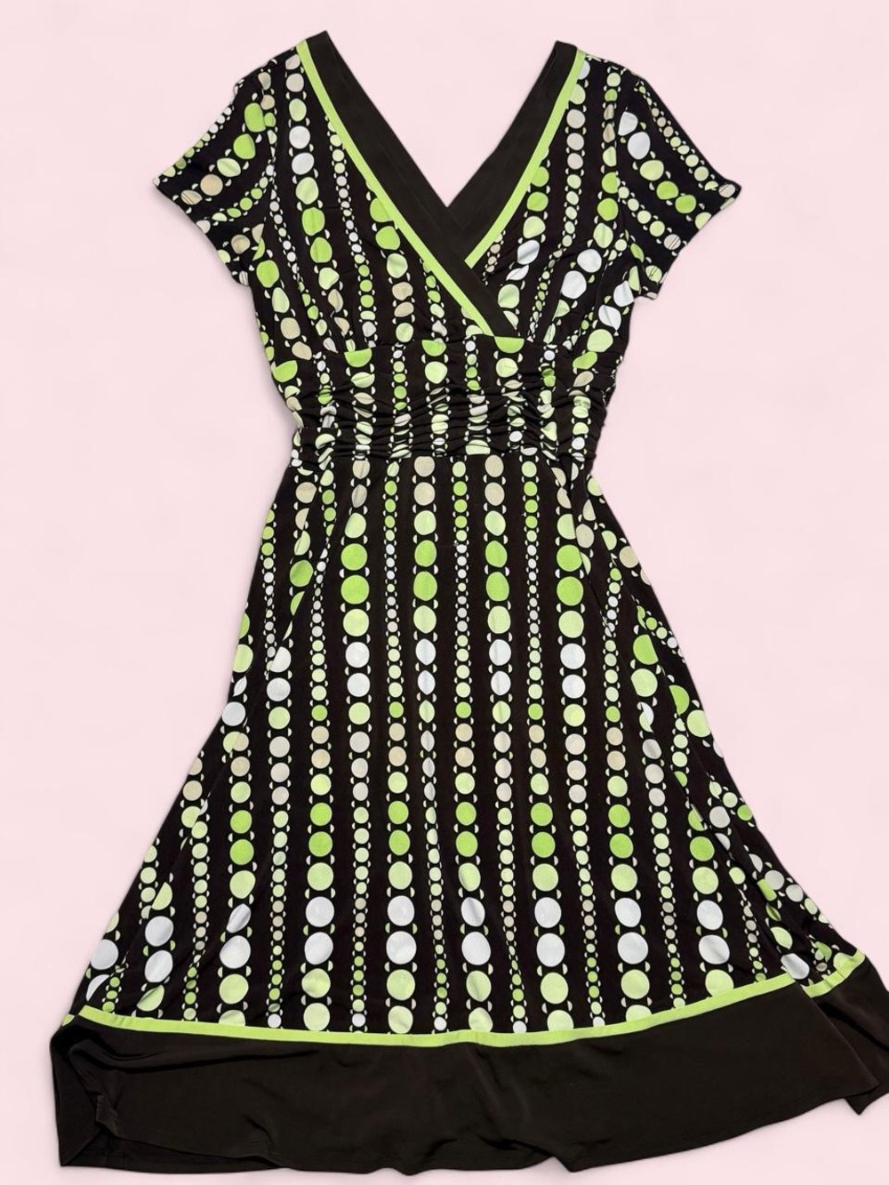 Studio I Black Dress with Lime Green & White Dot Stripe Print
